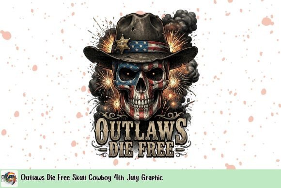 Outlaws Die Free: A Skull Cowboy Graphic for 4th July